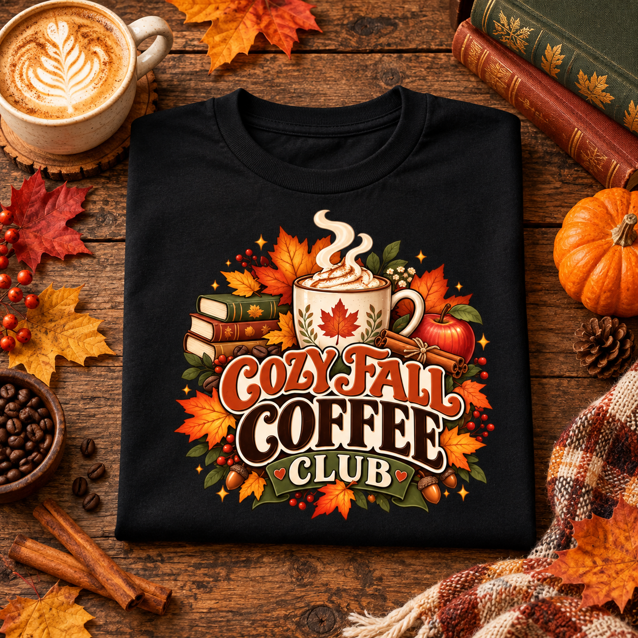 Cozy Fall Coffee Club Shirt – Autumn Coffee Lover T-Shirt, Maple Leaf Latte Fall Gift - Image 5
