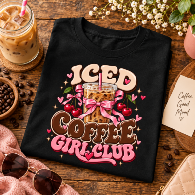 Alternative view of Iced Coffee Girl Club Shirt – Cute Coquette Coffee T-Shirt, Pink Bow Iced Latte Lover Gift