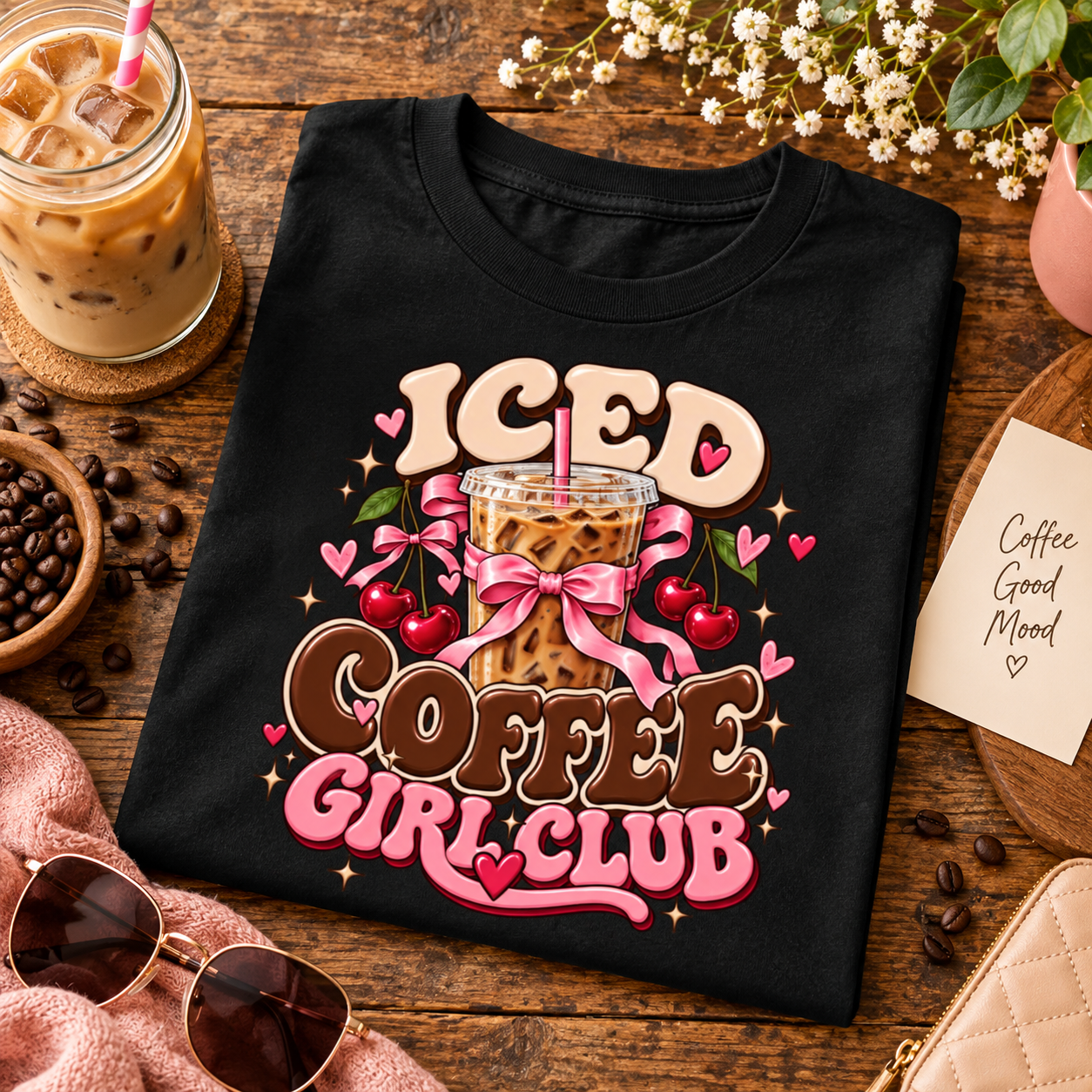 Iced Coffee Girl Club Shirt – Cute Coquette Coffee T-Shirt, Pink Bow Iced Latte Lover Gift - Image 3