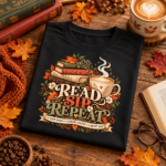 Read Sip Repeat Shirt – Book Lover Coffee T-Shirt, Cozy Fall Reading Gift for Bookish Coffee Lover - Thumbnail Image 4