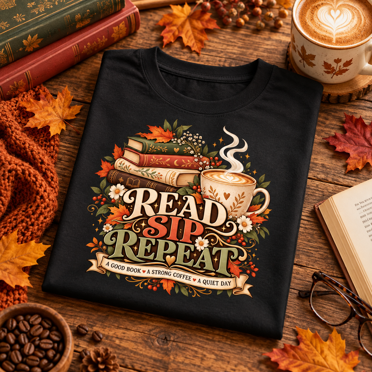 Read Sip Repeat Shirt – Book Lover Coffee T-Shirt, Cozy Fall Reading Gift for Bookish Coffee Lover - Image 4