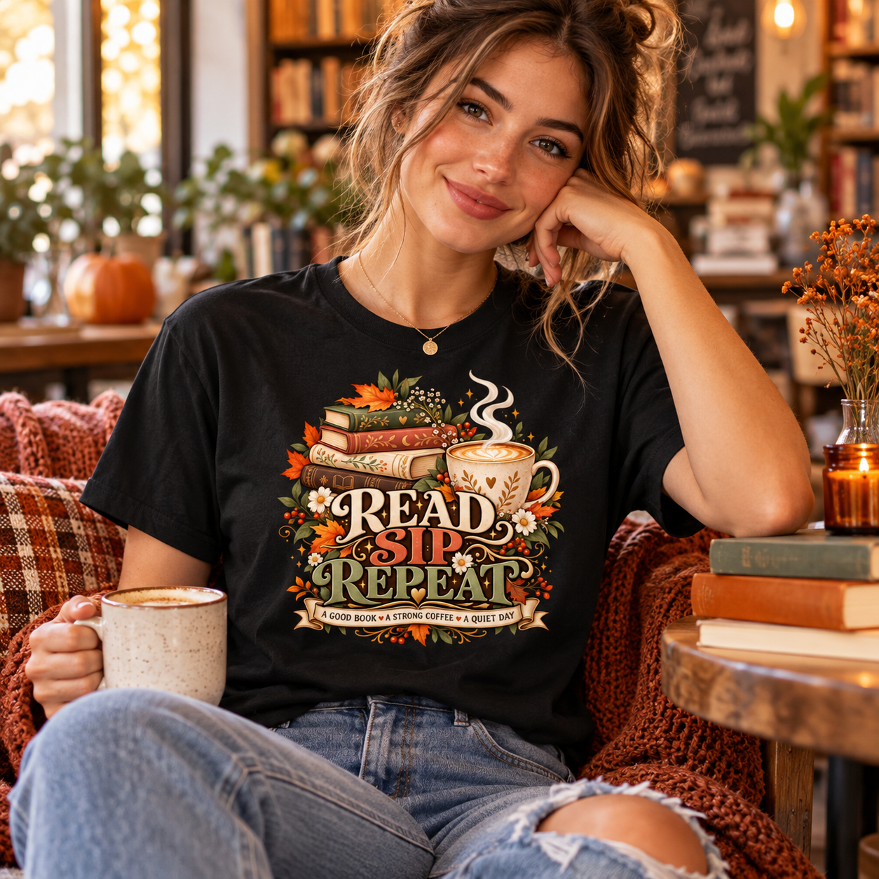 Read Sip Repeat Shirt – Book Lover Coffee T-Shirt, Cozy Fall Reading Gift for Bookish Coffee Lover - Image 6