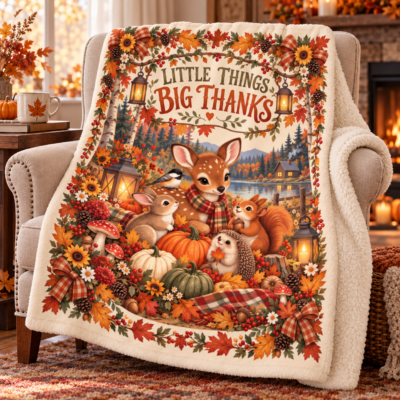Little Things Big Thanks Blanket – Woodland Thanksgiving Throw, Cute Fall Deer Bunny Squirrel Autumn Blanket