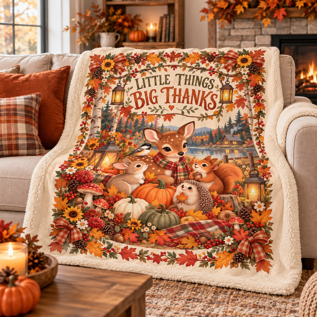 Little Things Big Thanks Blanket – Woodland Thanksgiving Throw, Cute Fall Deer Bunny Squirrel Autumn Blanket - Image 8