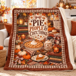 Pie People & Cozy Things Blanket – Pumpkin Pie Thanksgiving Throw, Brown Gingham Cozy Fall Blanket - Thumbnail Image 3