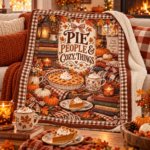 Pie People & Cozy Things Blanket – Pumpkin Pie Thanksgiving Throw, Brown Gingham Cozy Fall Blanket - Thumbnail Image 5