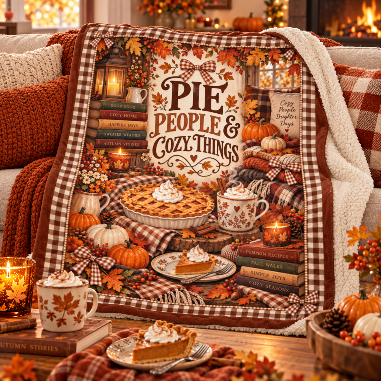 Pie People & Cozy Things Blanket – Pumpkin Pie Thanksgiving Throw, Brown Gingham Cozy Fall Blanket - Image 5