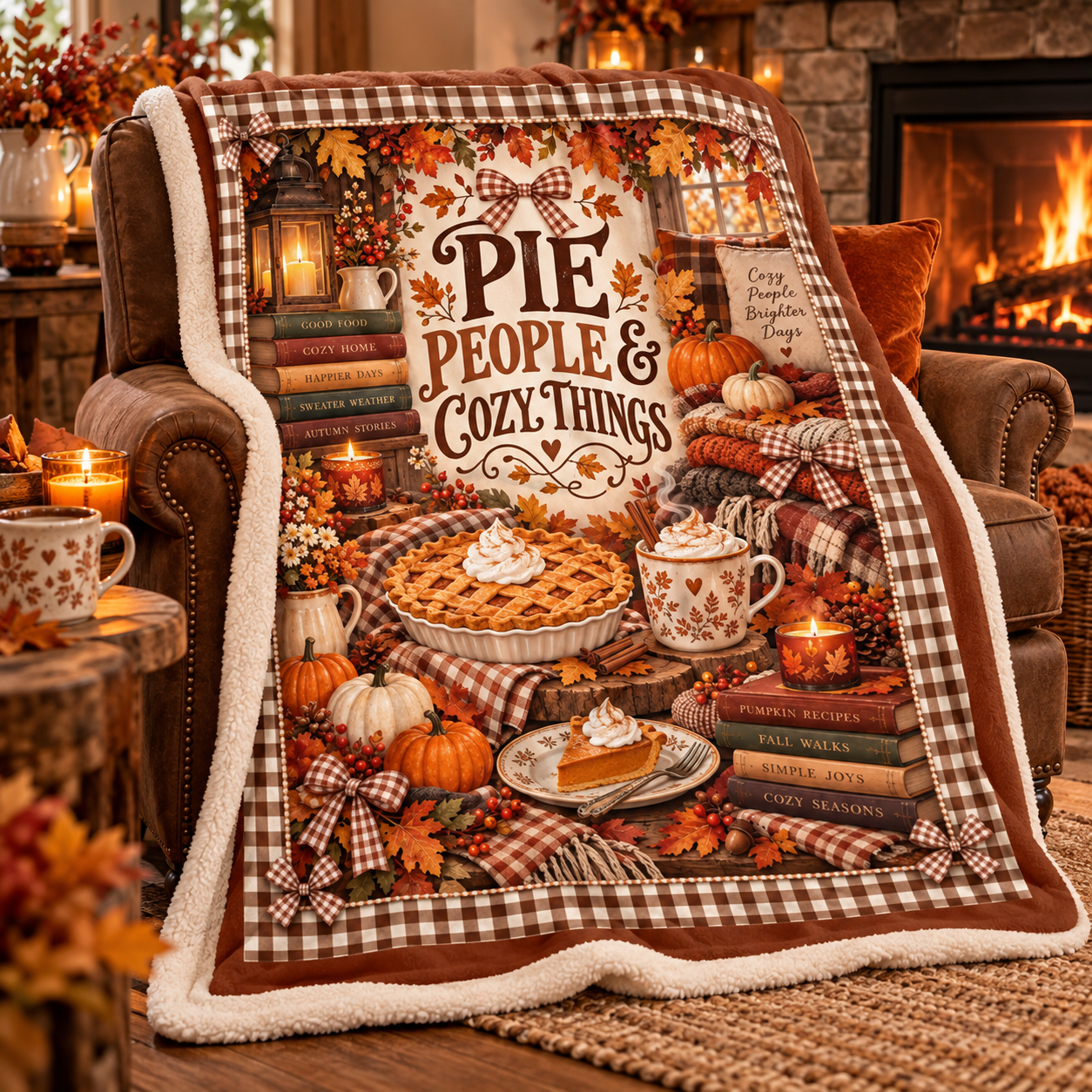 Pie People & Cozy Things Blanket – Pumpkin Pie Thanksgiving Throw, Brown Gingham Cozy Fall Blanket - Image 4