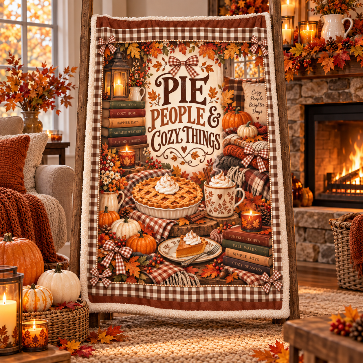 Pie People & Cozy Things Blanket – Pumpkin Pie Thanksgiving Throw, Brown Gingham Cozy Fall Blanket - Image 9