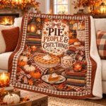 Pie People & Cozy Things Blanket – Pumpkin Pie Thanksgiving Throw, Brown Gingham Cozy Fall Blanket - Thumbnail Image 2