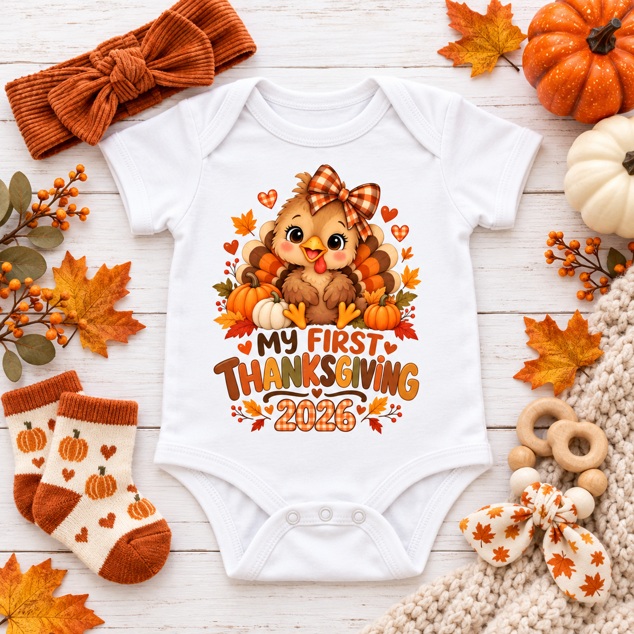 My First Thanksgiving 2026 Baby Onesie - Cute Turkey Baby Girl Bodysuit, First Thanksgiving Outfit, Fall Pumpkin Baby Gift - Image 2