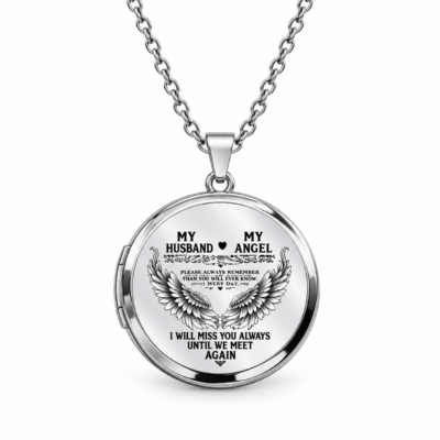 Personalized Husband Memorial Locket Necklace – Custom Photo My Husband My Angel Necklace, Angel Wings Remembrance Gift