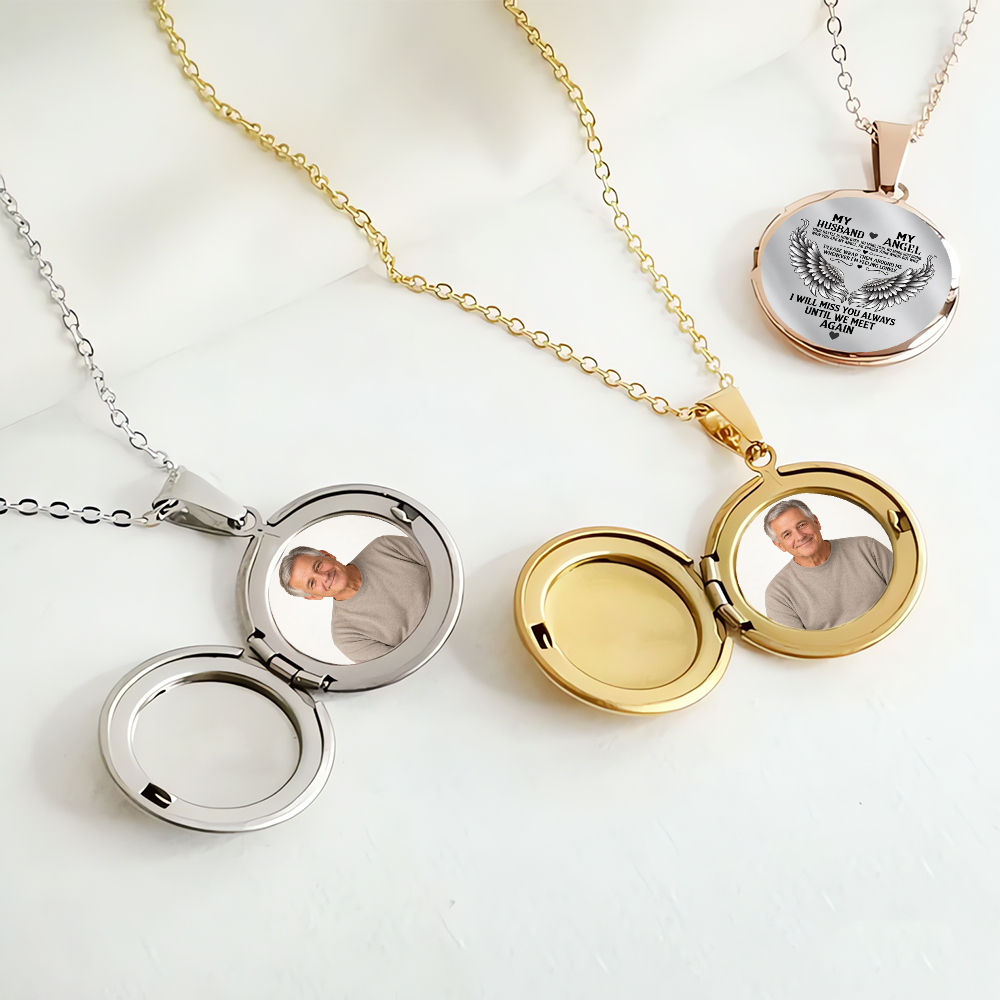 Personalized Husband Memorial Locket Necklace – Custom Photo My Husband My Angel Necklace, Angel Wings Remembrance Gift - Image 3