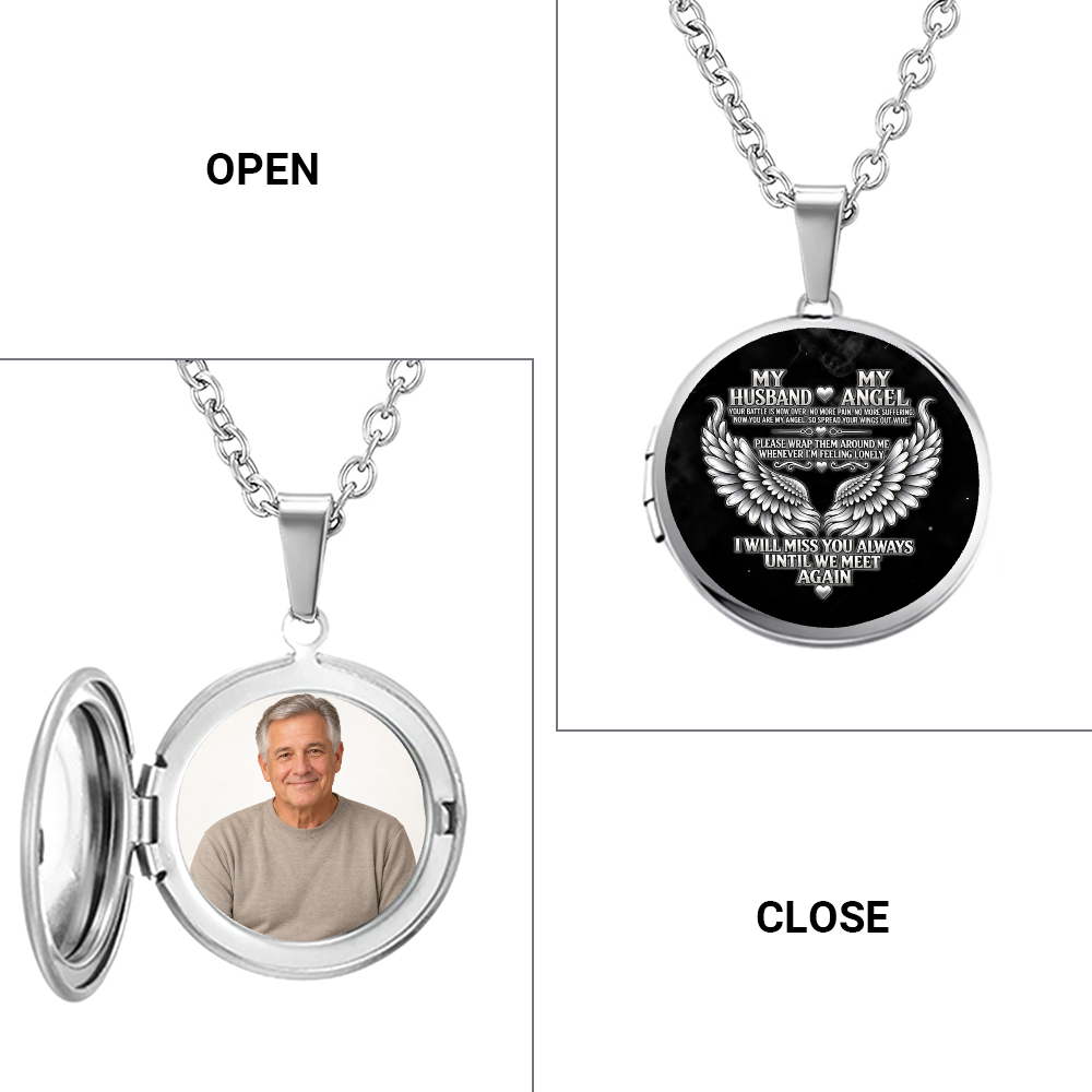 Personalized Photo My Husband My Angel Memorial Locket Necklace, Angel Wings Remembrance Necklace, Loss of Husband Sympathy Gift - Image 1