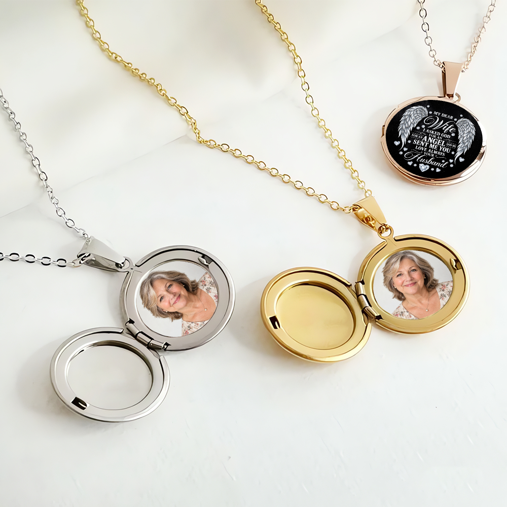 Personalized Wife Locket Necklace – My Dear Wife Angel Wings Custom Photo Necklace, Romantic Gift From Husband to Wife - Image 4