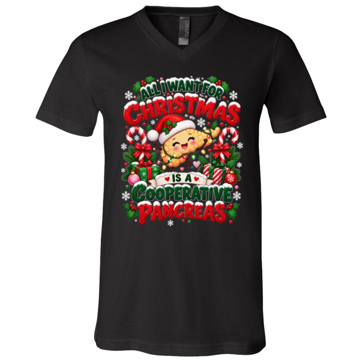 All I Want For Christmas Is A Cooperative Pancreas T-Shirt – Funny Diabetes Christmas Shirt, Pancreas Humor Holiday Tee, Black, V-Neck T-Shirt