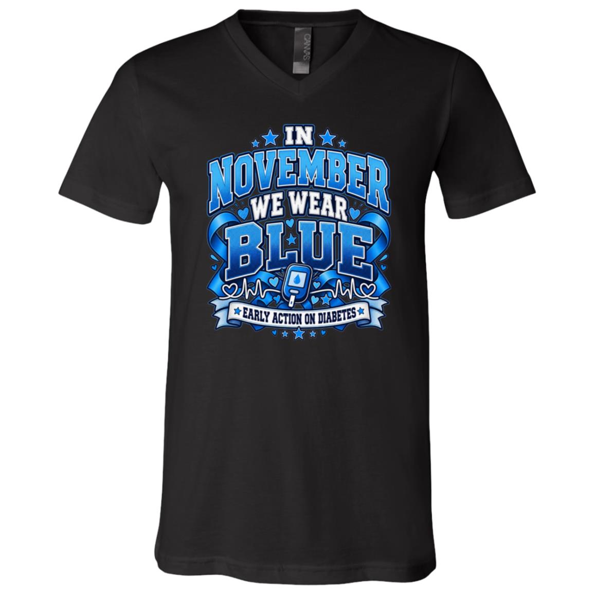 In November We Wear Blue Diabetes Awareness T-Shirt – Blue Ribbon Diabetes Shirt, November Awareness Tee, Black, V-Neck T-Shirt