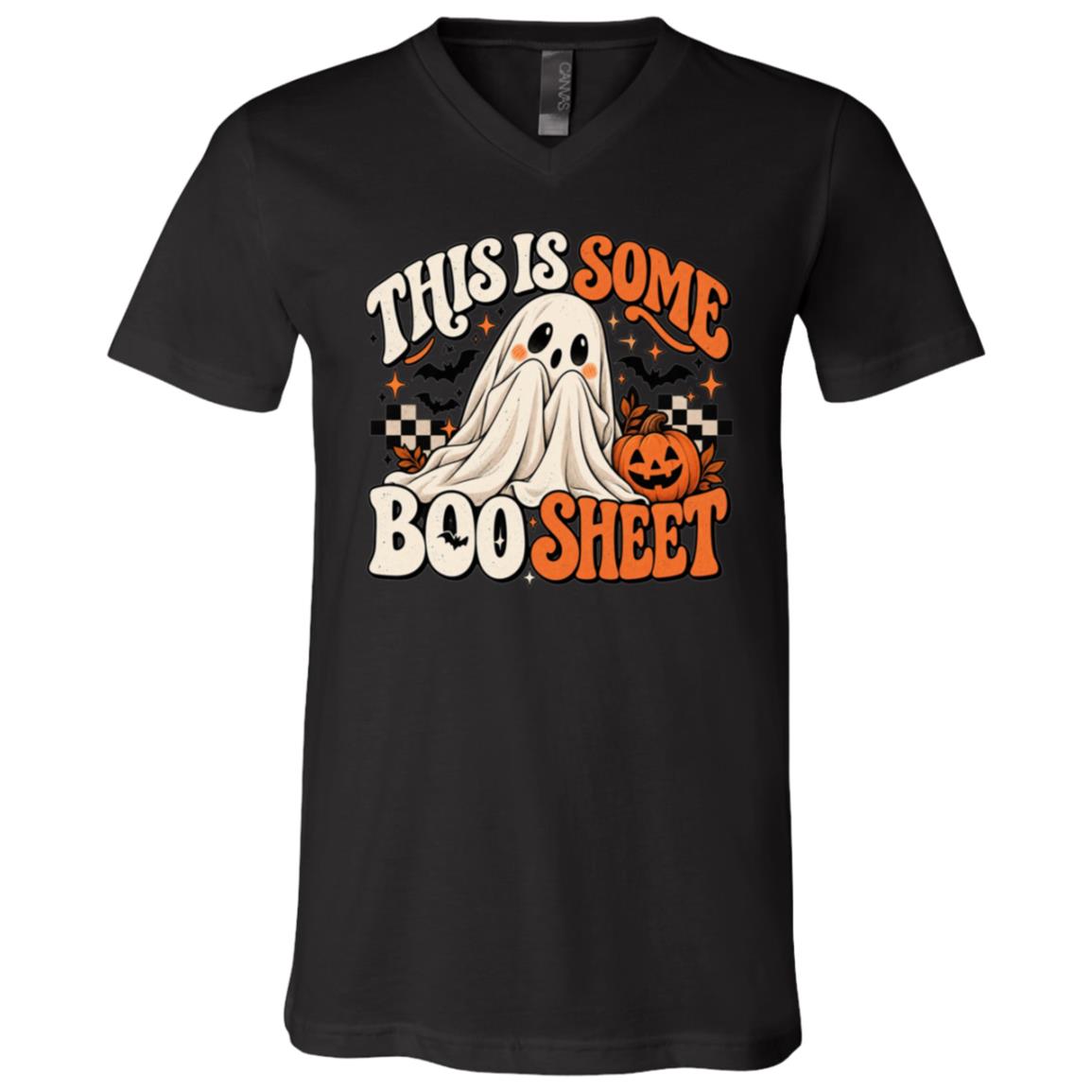 This Is Some Boo Sheet Shirt, Funny Ghost Halloween T-Shirt, Retro Spooky Season Tee, Cute Pumpkin Checkerboard, Black, V-Neck T-Shirt