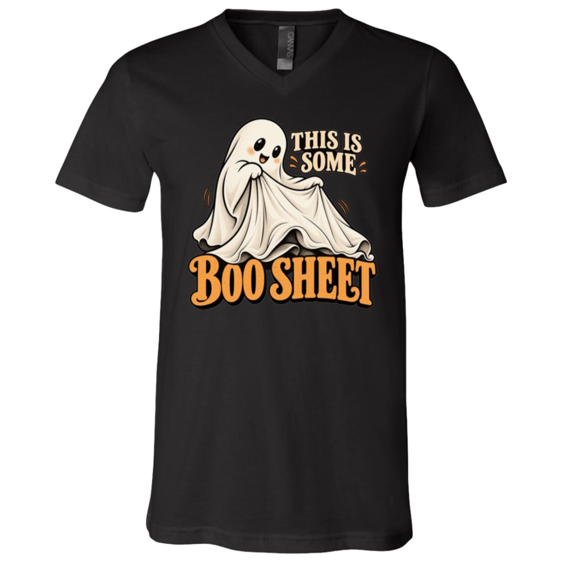 This Is Some Boo Sheet Shirt, Minimal Funny Ghost Halloween Tee, Vintage Retro Serif Spooky Season T-Shirt, Black, V-Neck T-Shirt
