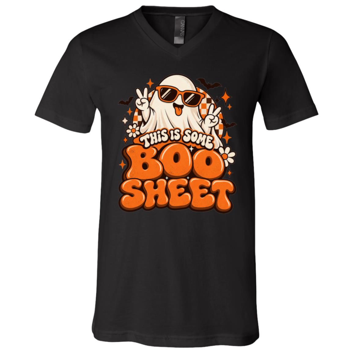 This Is Some Boo Sheet Ghost Shirt, Retro Halloween Checkerboard T-Shirt, Funny Sunglasses Ghost Tee, Black, V-Neck T-Shirt