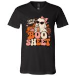This Is Some Boo Sheet Shirt, Retro Girly Ghost Halloween T-Shirt, Cute Pumpkin Spice Ghost Tee, Pink Bow, Black, V-Neck T-Shirt