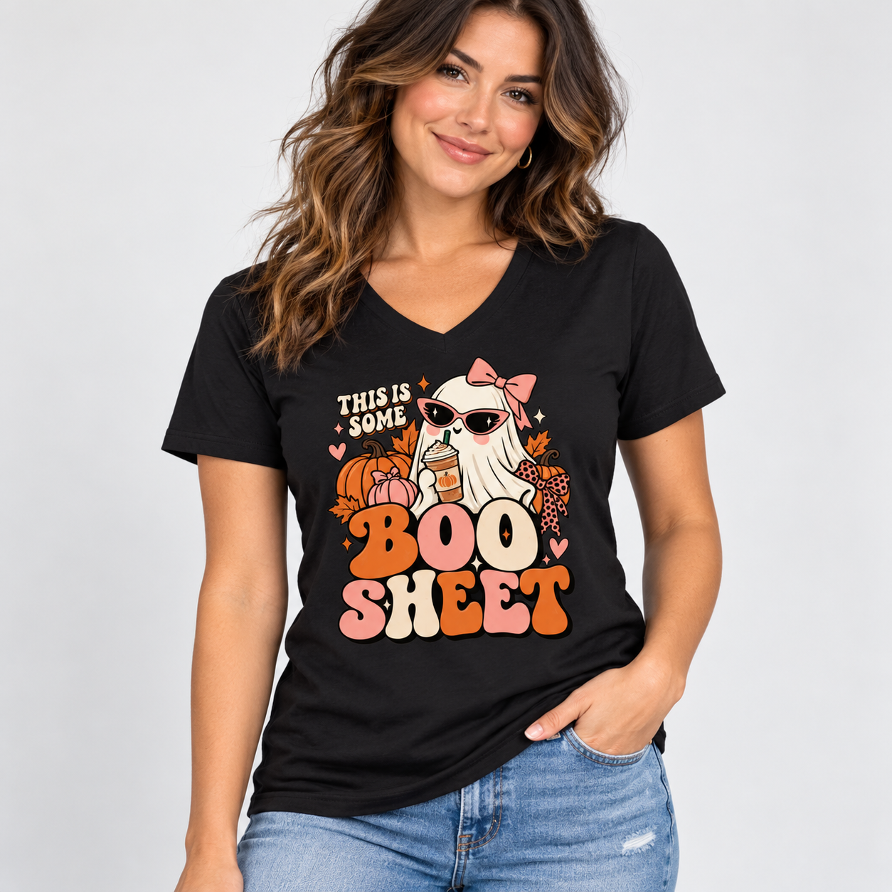 This Is Some Boo Sheet Shirt, Retro Girly Ghost Halloween T-Shirt, Cute Pumpkin Spice Ghost Tee, Pink Bow - Image 2