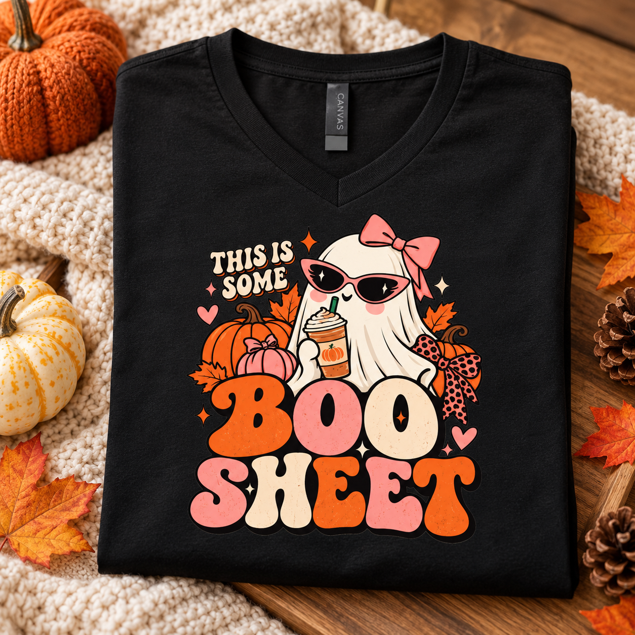 This Is Some Boo Sheet Shirt, Retro Girly Ghost Halloween T-Shirt, Cute Pumpkin Spice Ghost Tee, Pink Bow - Image 3