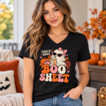 This Is Some Boo Sheet Shirt, Retro Girly Ghost Halloween T-Shirt, Cute Pumpkin Spice Ghost Tee, Pink Bow - Thumbnail Image 4