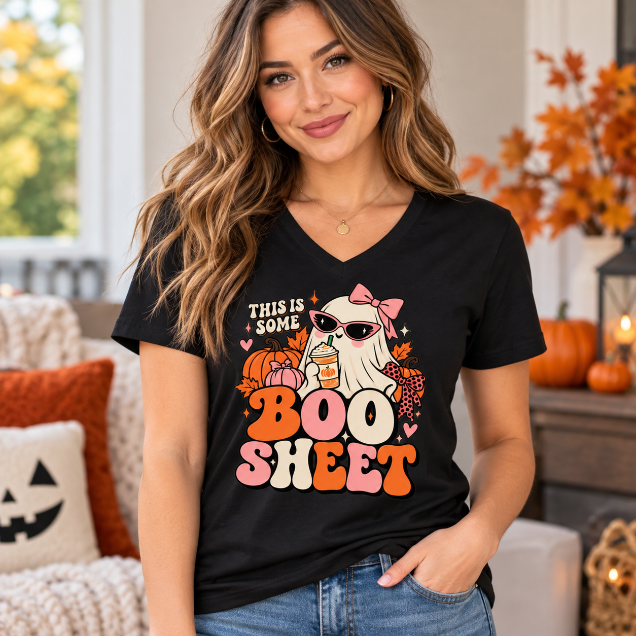 This Is Some Boo Sheet Shirt, Retro Girly Ghost Halloween T-Shirt, Cute Pumpkin Spice Ghost Tee, Pink Bow - Image 4
