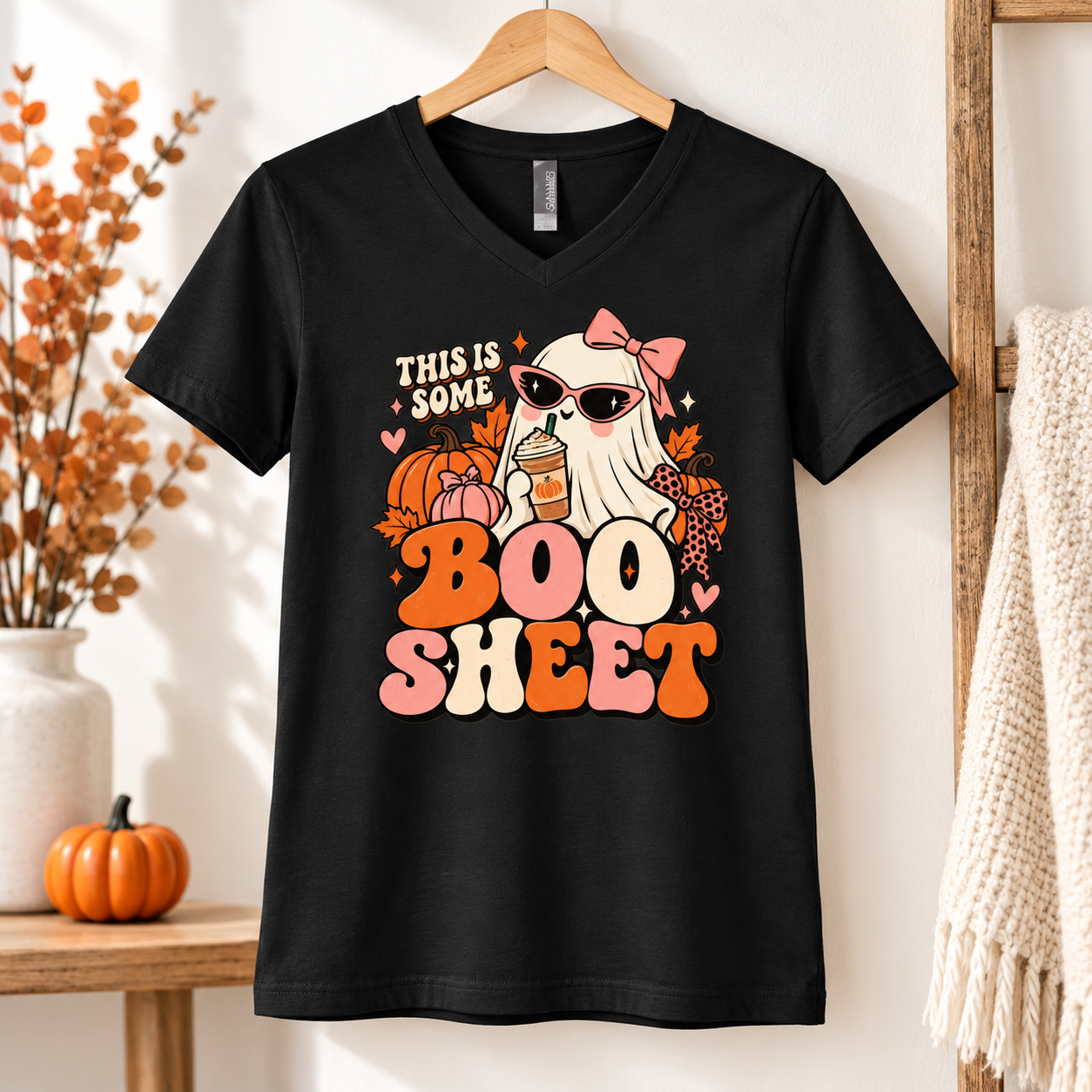 This Is Some Boo Sheet Shirt, Retro Girly Ghost Halloween T-Shirt, Cute Pumpkin Spice Ghost Tee, Pink Bow - Image 5