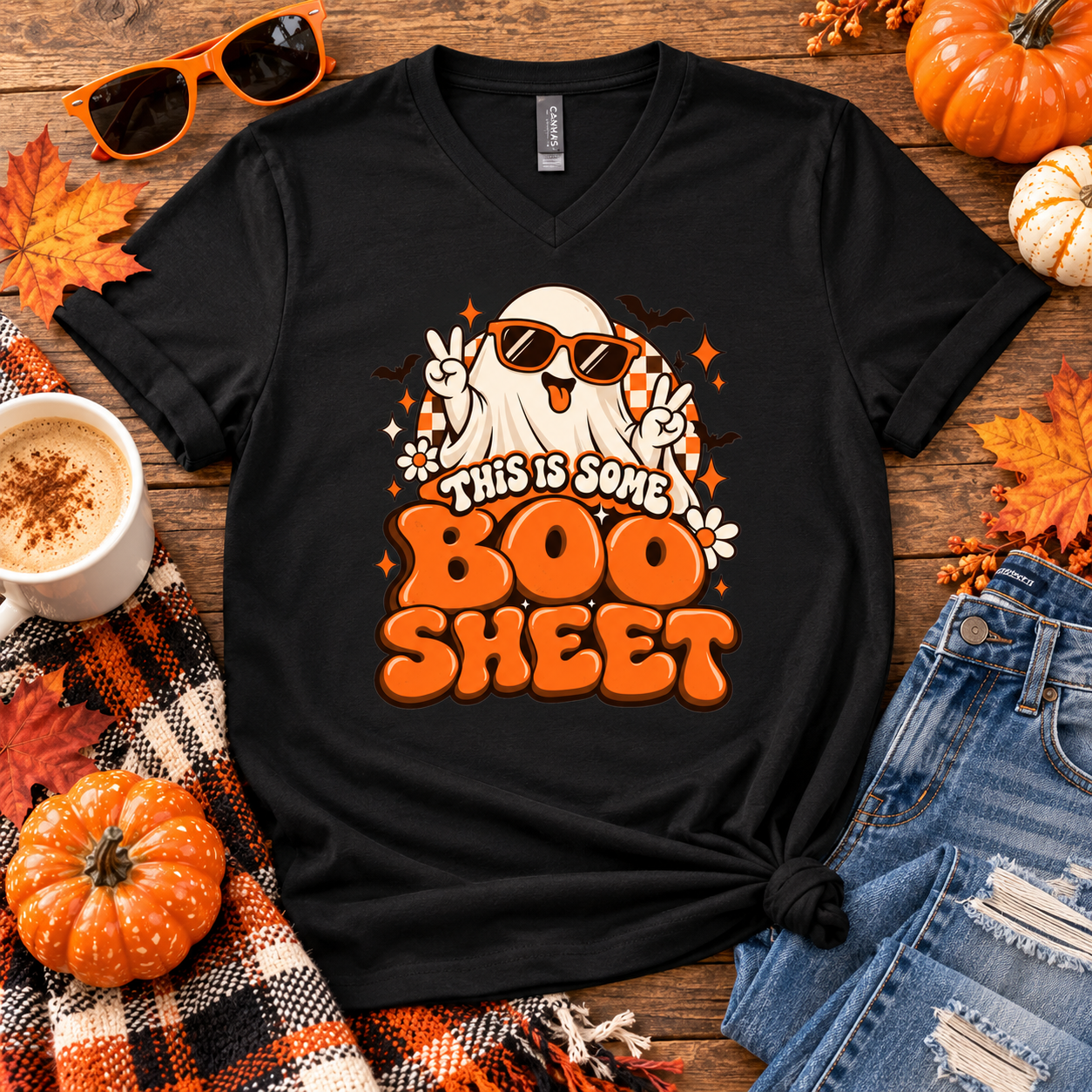 This Is Some Boo Sheet Ghost Shirt, Retro Halloween Checkerboard T-Shirt, Funny Sunglasses Ghost Tee - Image 2