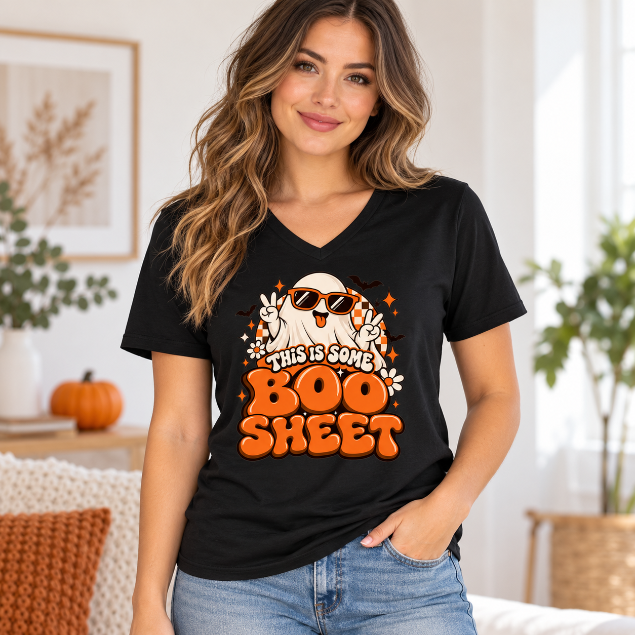 This Is Some Boo Sheet Ghost Shirt, Retro Halloween Checkerboard T-Shirt, Funny Sunglasses Ghost Tee - Image 4
