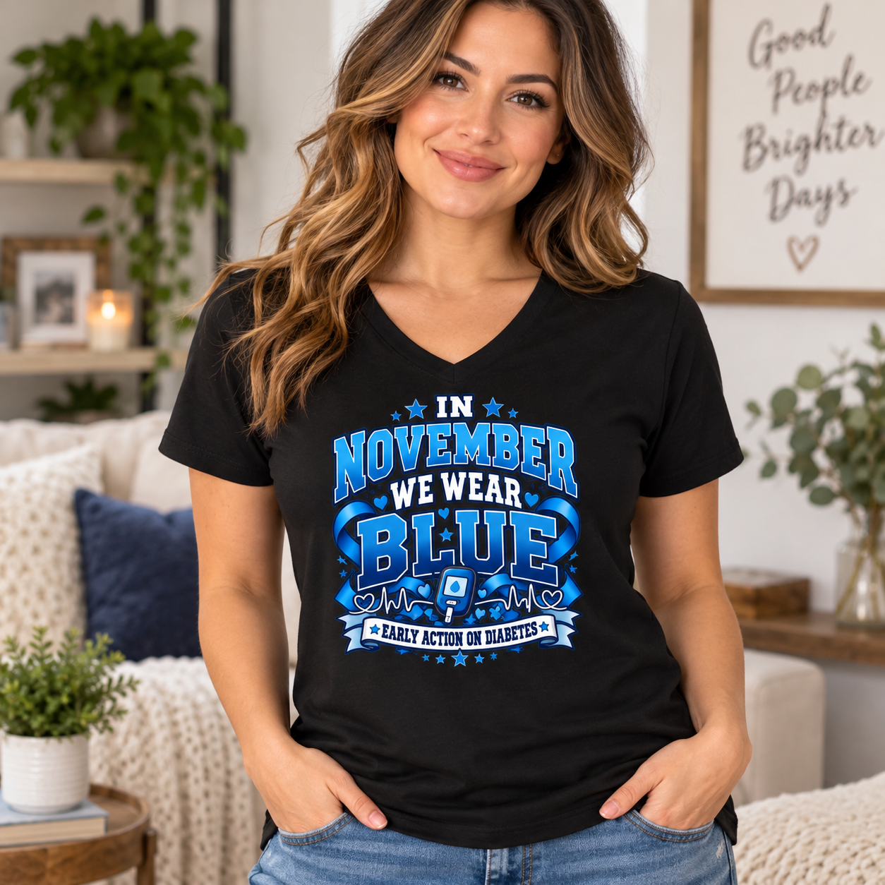In November We Wear Blue Diabetes Awareness T-Shirt – Blue Ribbon Diabetes Shirt, November Awareness Tee - Image 2