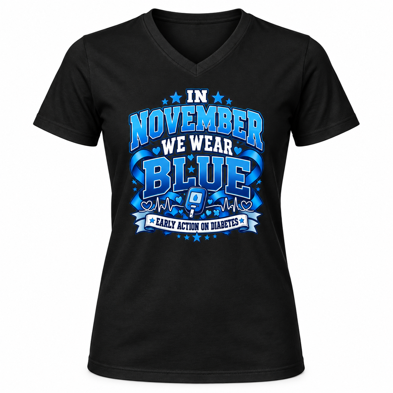 In November We Wear Blue Diabetes Awareness T-Shirt – Blue Ribbon Diabetes Shirt, November Awareness Tee - Image 3