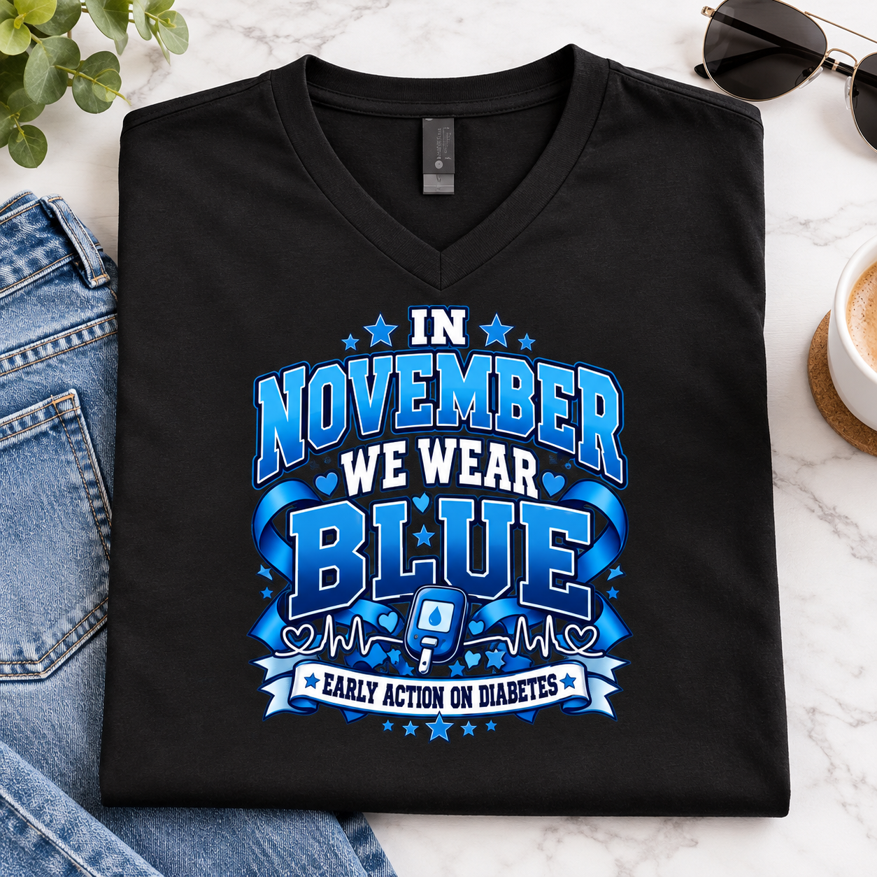 In November We Wear Blue Diabetes Awareness T-Shirt – Blue Ribbon Diabetes Shirt, November Awareness Tee - Image 4