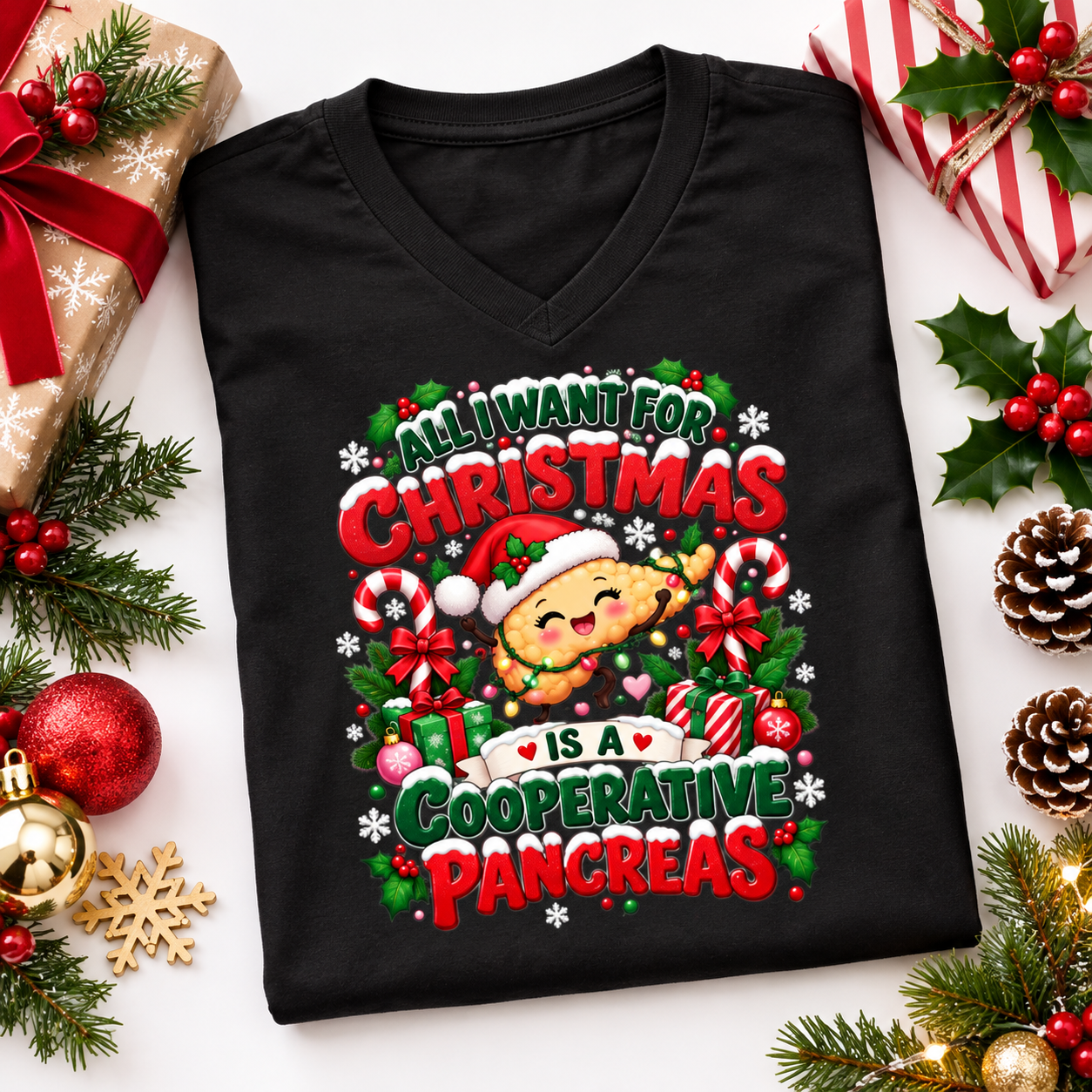 All I Want For Christmas Is A Cooperative Pancreas T-Shirt – Funny Diabetes Christmas Shirt, Pancreas Humor Holiday Tee - Image 5