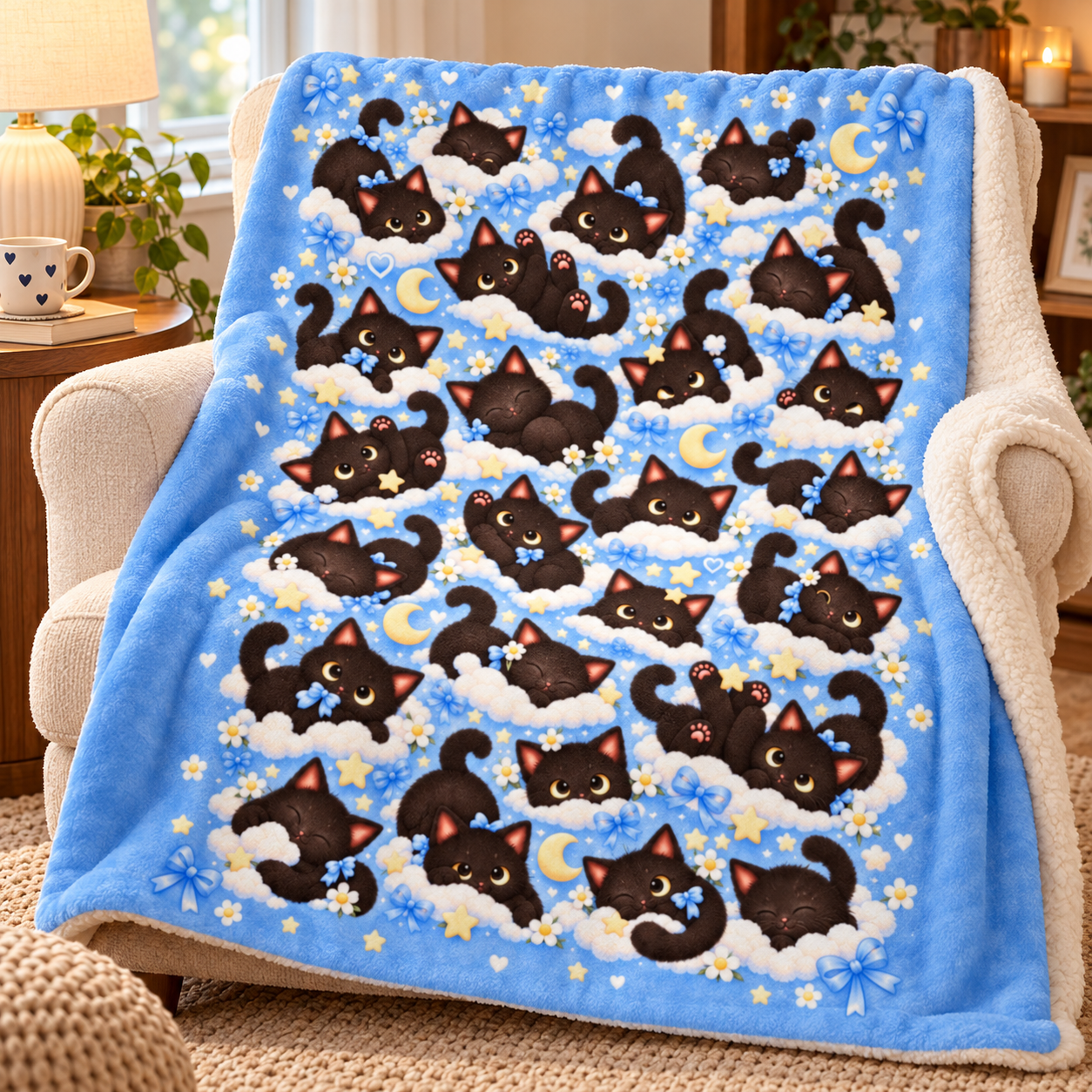 Cute Black Cat Blanket, All Over Kawaii Cat Pattern Throw Blanket, Blue Cozy Kitty Blanket, Cat Lover Gift - Image 2