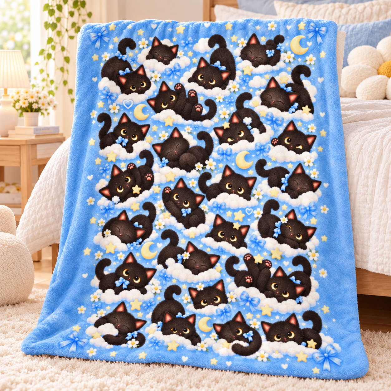 Cute Black Cat Blanket, All Over Kawaii Cat Pattern Throw Blanket, Blue Cozy Kitty Blanket, Cat Lover Gift - Image 3