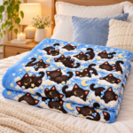Cute Black Cat Blanket, All Over Kawaii Cat Pattern Throw Blanket, Blue Cozy Kitty Blanket, Cat Lover Gift - Thumbnail Image 4