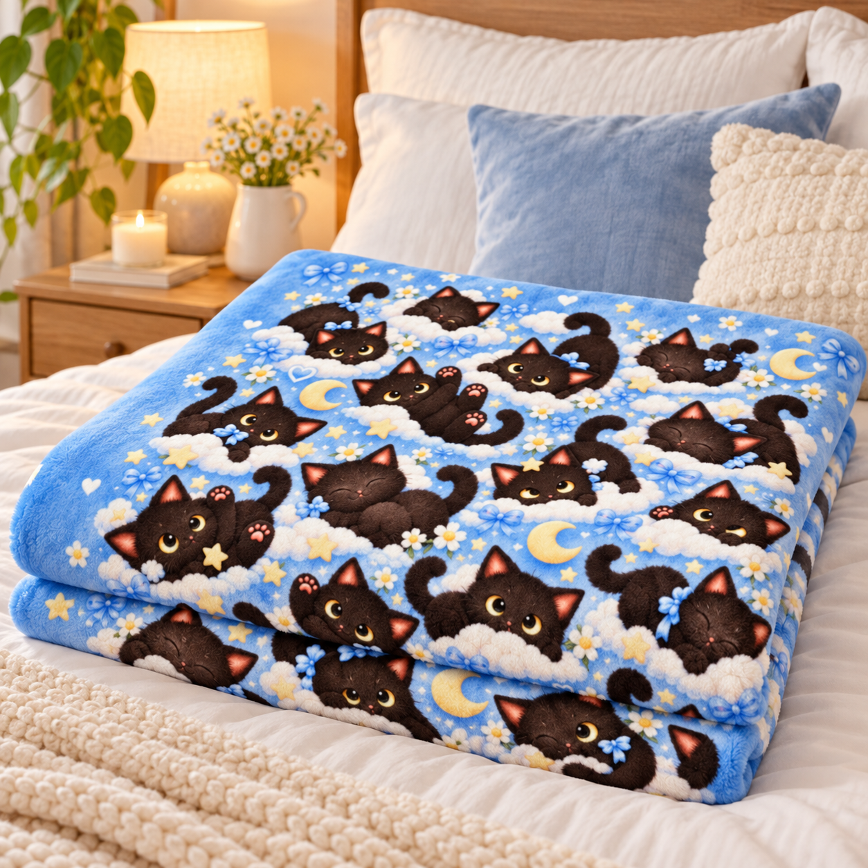Cute Black Cat Blanket, All Over Kawaii Cat Pattern Throw Blanket, Blue Cozy Kitty Blanket, Cat Lover Gift - Image 4