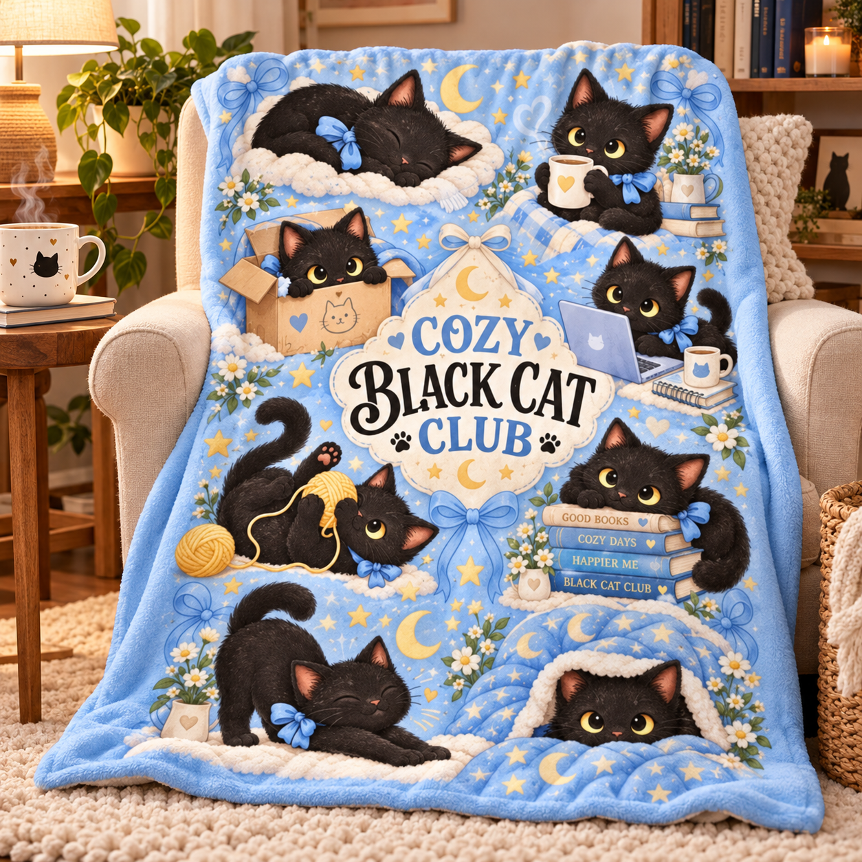 Cozy Black Cat Club Blanket, Cute Cat Lover Throw Blanket, Black Kitten Cozy Lifestyle Blanket, Gift for Cat Mom - Image 2