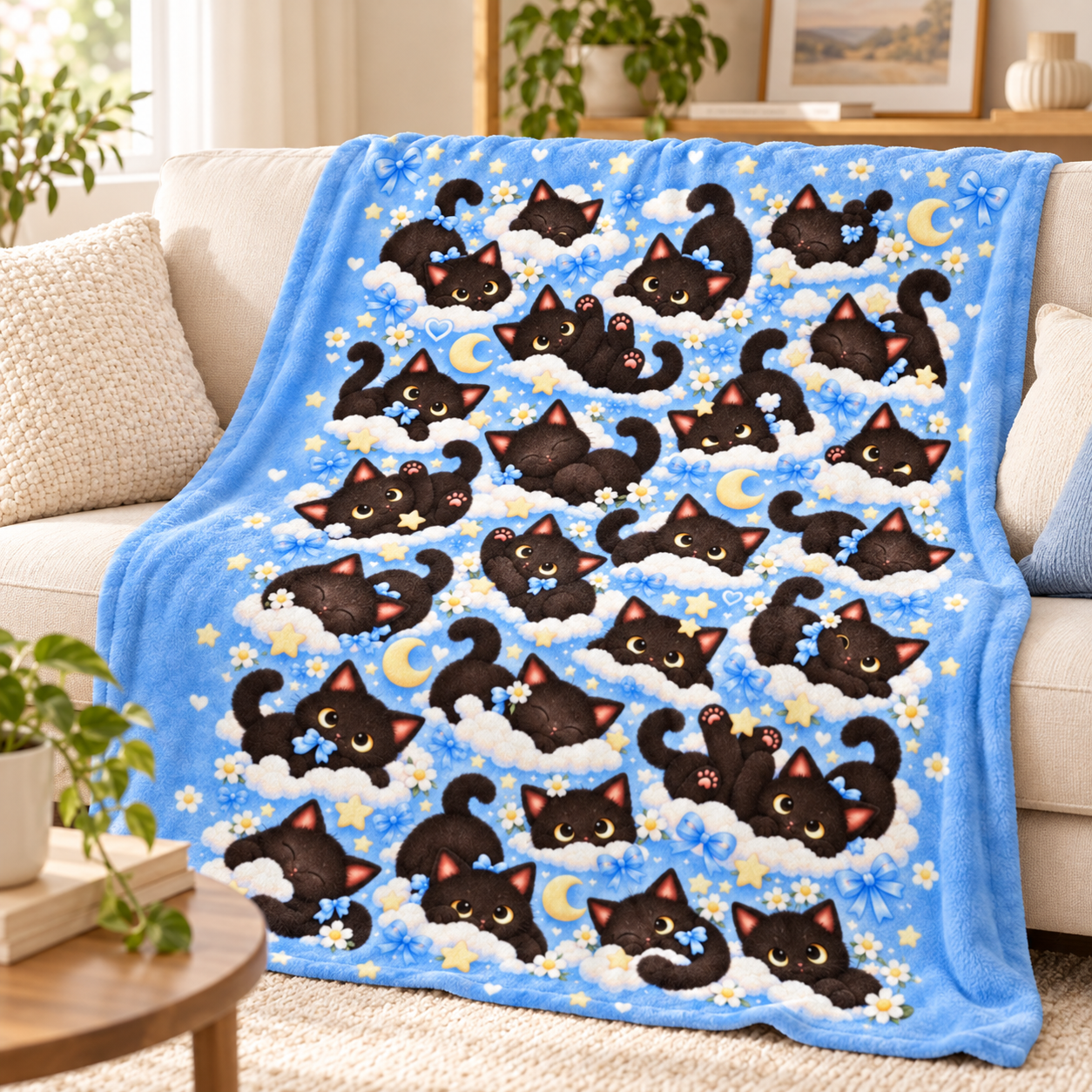 Cute Black Cat Blanket, All Over Kawaii Cat Pattern Throw Blanket, Blue Cozy Kitty Blanket, Cat Lover Gift - Image 5