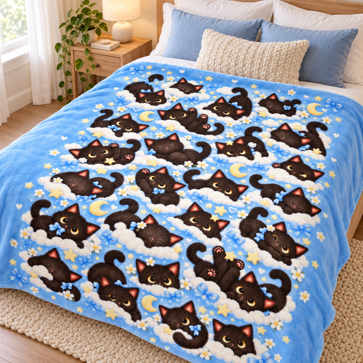 Cute Black Cat Blanket, All Over Kawaii Cat Pattern Throw Blanket, Blue Cozy Kitty Blanket, Cat Lover Gift - Image 6