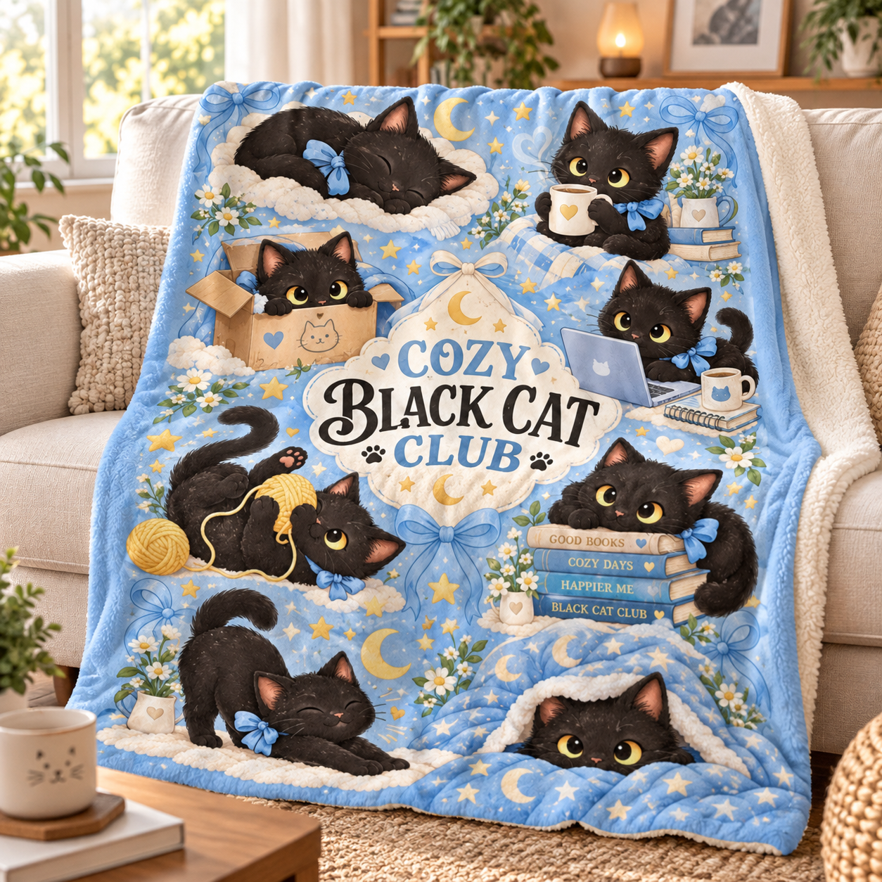 Cozy Black Cat Club Blanket, Cute Cat Lover Throw Blanket, Black Kitten Cozy Lifestyle Blanket, Gift for Cat Mom - Image 5