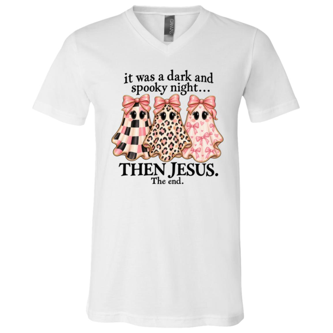 It Was A Dark And Spooky Night Then Jesus Shirt, Christian Halloween T-Shirt, Cute Coquette Ghost Tee, White, V-Neck T-Shirt