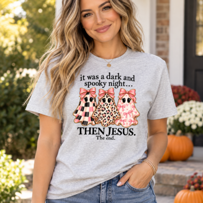 Alternative view of It Was A Dark And Spooky Night Then Jesus Shirt, Christian Halloween T-Shirt, Cute Coquette Ghost Tee