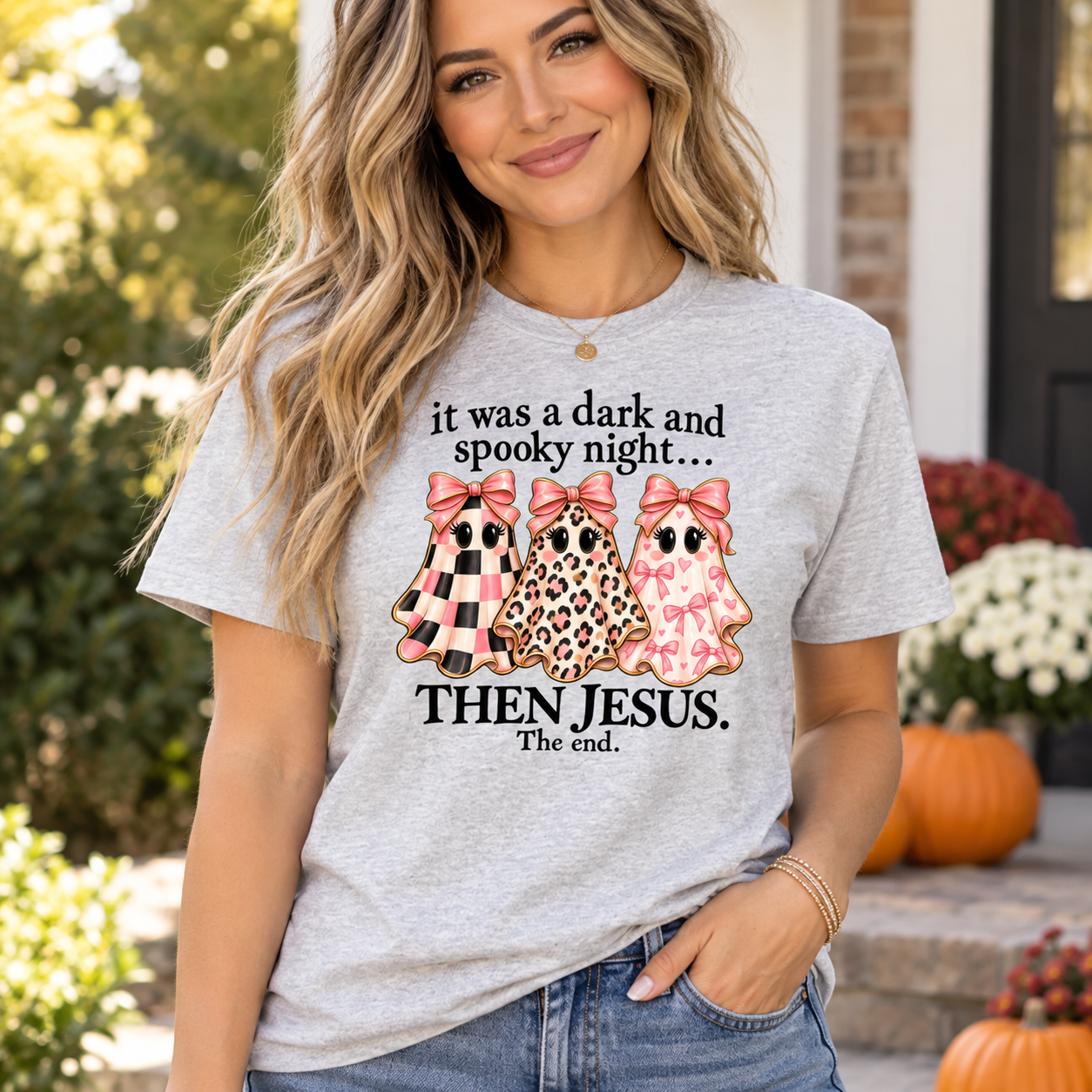 It Was A Dark And Spooky Night Then Jesus Shirt, Christian Halloween T-Shirt, Cute Coquette Ghost Tee - Image 2