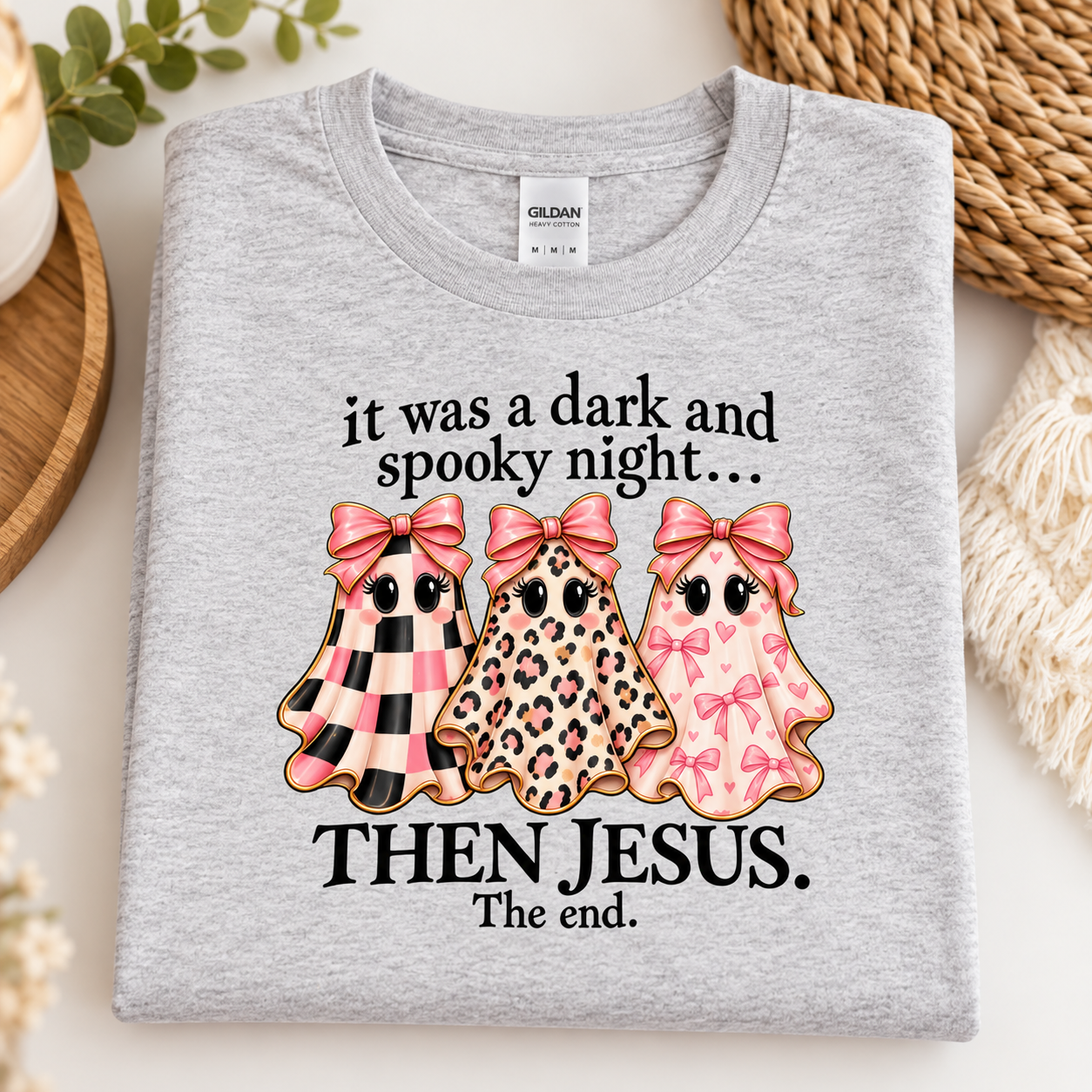 It Was A Dark And Spooky Night Then Jesus Shirt, Christian Halloween T-Shirt, Cute Coquette Ghost Tee - Image 3