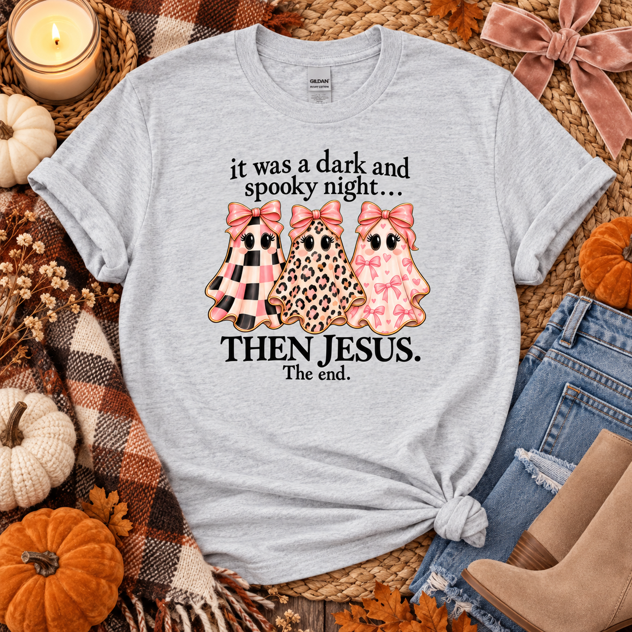 It Was A Dark And Spooky Night Then Jesus Shirt, Christian Halloween T-Shirt, Cute Coquette Ghost Tee - Image 4