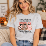 It Was A Dark And Spooky Night Then Jesus Shirt, Christian Halloween T-Shirt, Cute Coquette Ghost Tee - Thumbnail Image 5